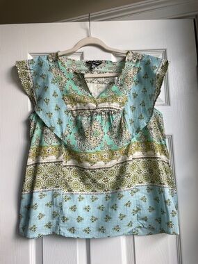 Unique Spectrum Mint Green & Olive Printed Flutter Sleeve Blouse